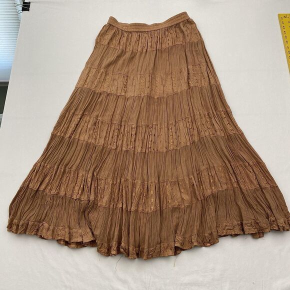 Sacred Threads Boho Maxi Skirt Embroidered One Size Brown Tiered Crinkle - Picture 3 of 8